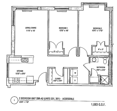 Floor plan for 2 beds, 1 bath, 1083 sqft